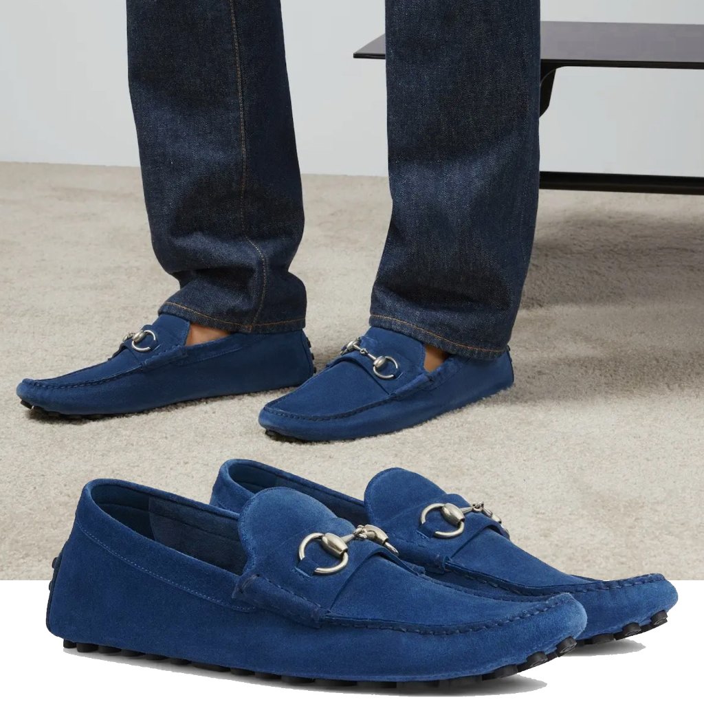Gucci Shoes Mens Driver Blue Suede W Horsebit Pebble Sole Sz 8.5 9 Us